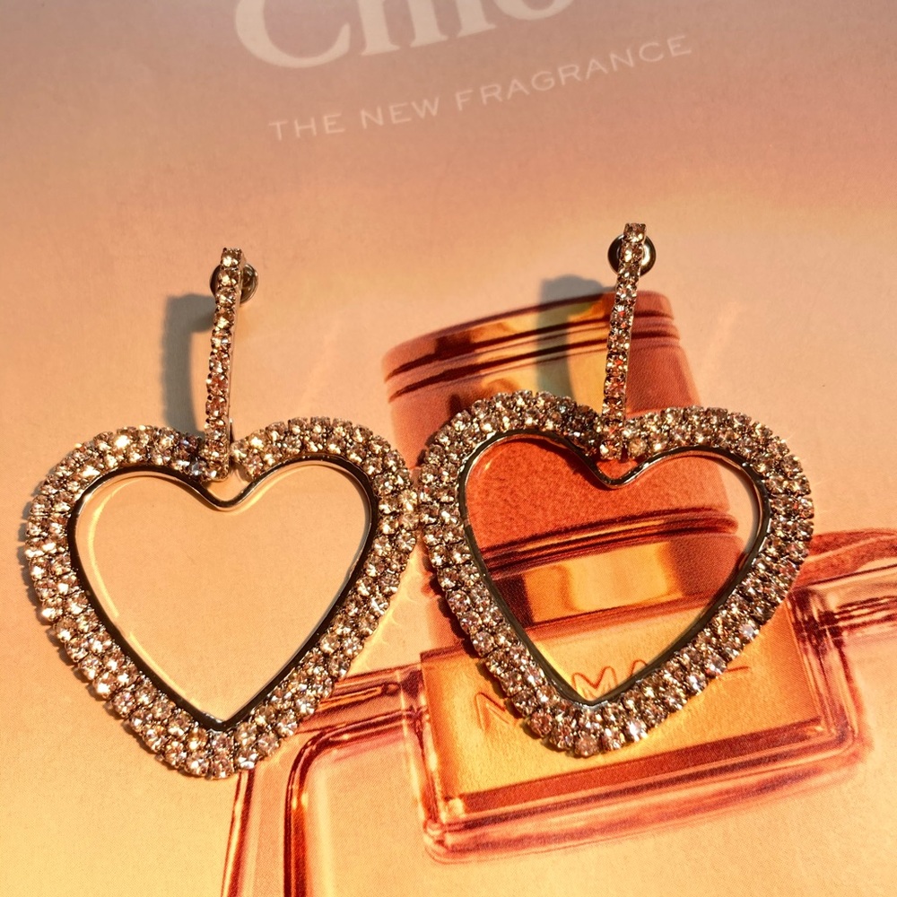 Big Silver Rhinestone Heart  Earrings - Picture 3 of 4